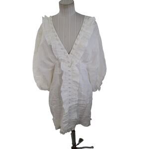 Joslin White Linen Dress Size US6 AU10 White Ruffle Button Summer Hana